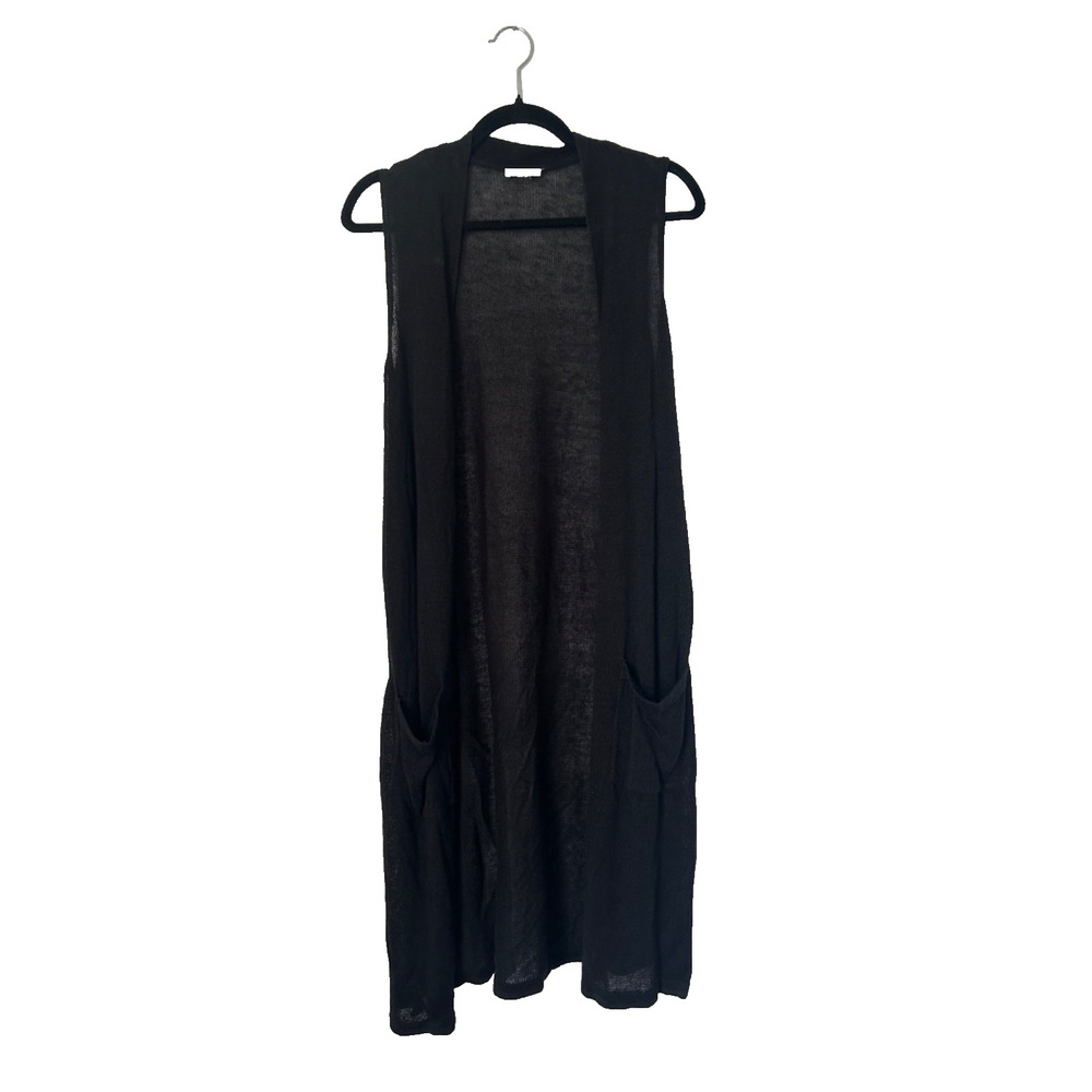 J Jill Long Cardigan Sweater Vest Size L Black Linen Blend Open Front Sleeveless
